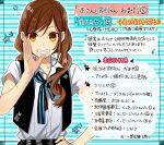  1girl black_vest brown_hair collared_shirt commentary_request hagiwara_daisuke hand_on_own_hip hori-san_to_miyamura-kun hori_kyouko long_hair looking_at_viewer low_twintails orange_eyes shirt short_sleeves solo star_(symbol) striped striped_background teeth translation_request twintails upper_body vest 