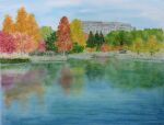  autumn_leaves blue_sky building day forest highres lake naoy_watercolor nature no_humans original painting_(medium) plant reeds reflection reflective_water shed sky traditional_media tree water 