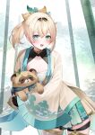  1girl aqua_eyes bangs blonde_hair blush breasts chest_sarashi cleavage fingerless_gloves gloves hair_between_eyes hair_ornament hairband haori highres hololive japanese_clothes kazama_iroha long_hair looking_at_viewer open_mouth pokobee ponytail sarashi skirt smile solo usushio virtual_youtuber wide_sleeves 