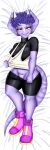  2023 3_horns absurd_res anthro bedding bedding_background bedroom_eyes big_breasts blush bottomwear bottomwear_pull breasts ceratopsian clothed clothing clothing_pull crop_top curvy_figure dakimakura_design dakimakura_pose digital_drawing_(artwork) digital_media_(artwork) dinosaur female fingers freckles frill_(anatomy) genitals goodbye_volcano_high hair hi_res horn hourglass_figure long_tail looking_at_viewer lying multi_horn narrowed_eyes nipple_outline on_back ornithischian partially_clothed purple_body purple_eyes purple_hair purple_scales pussy reptile scales scalie seductive shirt short_hair shorts shorts_down shorts_pull simple_background smile snoot_game solo tail thick_thighs topwear topwear_pull triceratops trish_(gvh) undressing unknown_artist voluptuous wide_hips 