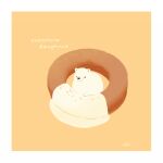  bear border chai_(drawingchisanne) doughnut food food_focus looking_at_viewer no_humans on_food orange_background original pastry polar_bear shirokuma-san_(drawingchisanne) signature simple_background sitting_on_food undersized_animal white_border 