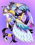  1girl armor blue_eyes breasts duel_monster foot_up full_body gradient_background harpy helmet highres large_breasts long_hair lyrilusc_-_ensemblue_robin monster_girl outstretched_arms purple_background purple_hair shoulder_armor sideboob skirt smile solo spread_arms very_long_hair winged_arms wings yu-gi-oh! yukitaka_(zzzzz) 