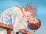  2boys bishounen blush brown_hair commentary_request hug ikari_shinji imminent_kiss male_focus multiple_boys nagisa_kaworu neon_genesis_evangelion outdoors school_uniform shirt short_hair simple_background smile teeth tyo1ng_ye white_hair yaoi 