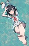 1girl afloat ahodemoaru barefoot black_hair breasts floating from_above green_eyes hat highres hishaku lying medium_breasts murasa_minamitsu neckerchief on_back one-hour_drawing_challenge open_mouth partially_submerged red_neckerchief sailor sailor_collar sailor_hat sailor_shirt shirt short_hair short_sleeves shorts solo touhou water wet white_shirt wide_hips 