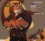  1boy animal_ears bara cowboy_shot crossed_arms dagger english_text fortnite furry furry_male highres knife looking_at_viewer luck_like male_focus mature_male muscular muscular_male orange_fur oscar_(fortnite) scar scar_on_arm sheath sheathed short_hair smile smirk solo spoken_number tail thick_eyebrows tiger_boy tiger_ears tiger_tail weapon 