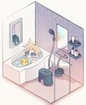  1boy :o bath bathing bathroom bathtub blonde_hair blue_eyes chibi chocobo cloud_strife earrings final_fantasy final_fantasy_vii indoors interior isometric jewelry lying male_focus mirror nude plant potted_plant rubber_duck shampoo_bottle short_hair shower_head single_earring spiked_hair stud_earrings ttnoooo 