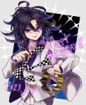  1boy checkered_necktie crown danganronpa_(series) danganronpa_10th_anniversary_costume danganronpa_v3:_killing_harmony grey_jacket grey_pants grey_vest happy_birthday highres holding holding_crown jacket long_sleeves looking_at_viewer male_focus messy_hair multicolored_background multicolored_hair nail_polish necktie official_alternate_costume oma_kokichi pants purple_eyes purple_nails purple_shirt shirt smile two-tone_hair vest yako_(ycaisola) 