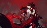  1girl armpits bare_shoulders blood breasts brown_hair claws dress elena_(project_moon) evening_gown large_breasts library_of_ruina liquid_clothes long_hair nishikujic parted_lips project_moon red_background red_dress red_eyes solo vampire 