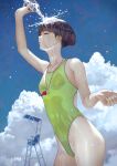  1girl bottle closed_eyes cloud collarbone contrapposto day from_below highres kaoming one-piece_swimsuit original outdoors see-through_swimsuit shakujii_tsubasa short_hair sky solo swimsuit water wet whistle 