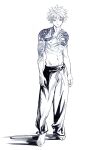  1boy arm_tattoo barefoot full_body highres hunter_x_hunter killua_zoldyck looking_at_viewer male_child male_focus monochrome muscular muscular_child navel short_hair shoulder_tattoo simple_background sketch solo tattoo tiorrr1 topless_male white_background white_hair 