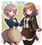  1boy 1girl :d alternate_color alternate_hair_color black_shirt black_thighhighs breasts brown_hair brown_skirt closed_mouth danganronpa:_trigger_happy_havoc danganronpa_(series) danganronpa_2:_goodbye_despair dress_shirt flipped_hair fujisaki_chihiro galaga gradient_background green_jacket hair_ornament highres jacket kirin_(suzoke_1) kneehighs large_breasts light_brown_hair medium_hair miniskirt nanami_chiaki neck_ribbon open_clothes open_jacket own_hands_together pink_footwear pink_ribbon pleated_skirt red_eyes ribbon shirt shirt_tucked_in shoes skirt smile socks teeth thighhighs two-tone_shirt upper_teeth_only white_background white_shirt zettai_ryouiki 