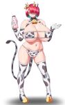  1girl absurdres animal_ears animal_print bell bikini bottle breast_milk breasts cho!cho! cleavage cow_ears cow_horns cow_print cow_tail cowbell ear_tag elbow_gloves eyepatch_bikini fake_animal_ears fake_horns fake_tail full_body gloves hair_over_one_eye highres holding holding_bottle horns huge_breasts ignis_(last_origin) last_origin milk_bottle milk_churn navel print_bikini print_footwear print_gloves print_hairband red_eyes red_hair short_hair simple_background smile solo standing swimsuit tail white_background 