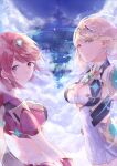  2girls absurdres armor blonde_hair breasts cleavage cleavage_cutout clothing_cutout commentary_request covered_navel earrings fingerless_gloves gem gloves headpiece highres jewelry large_breasts long_hair looking_at_viewer mirin. multiple_girls mythra_(xenoblade) pyra_(xenoblade) red_eyes red_hair red_shorts short_hair shorts simple_background sky smile swept_bangs thigh_strap tiara xenoblade_chronicles_(series) xenoblade_chronicles_2 yellow_eyes 