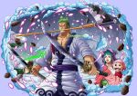  1boy 2girls aqua_hair artist_name green_hair hair_ornament highres holding holding_sword holding_weapon ismaindahouse japanese_clothes katana kouzuki_hiyori long_hair multiple_girls one_eye_closed one_piece open_mouth petals pink_hair roronoa_zoro scar scar_across_eye scar_on_face short_hair sidelocks signature smile sword toko_(one_piece) weapon 