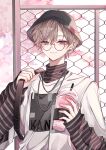  1boy black_headwear blue_eyes brown_hair chain_necklace cup earrings glass glasses hat highres holding holding_cup jewelry kanae_(nijisanji) long_sleeves male_focus nagihaha necklace nijisanji shirt short_hair solo striped striped_shirt white_shirt 