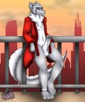  2023 4_toes absurd_res anthro balcony berk_rider city clothed clothing dragon erection feet fur genitals hair hi_res male neck_tuft nude penis robe robe_only sky smile solo sunset tail thick_thighs toes tuft 