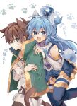  1boy 1girl :i absurdres animal_ears aqua_(konosuba) belt blue_eyes blue_footwear blue_hair blue_shirt blue_skirt blue_thighhighs blush boots bow bowtie brown_belt brown_hair cape capelet cat_boy cat_ears cat_tail crossed_arms detached_sleeves dog_ears dog_girl dog_tail embarrassed excited fang footprints gem green_bow green_bowtie green_cape green_capelet green_eyes hair_between_eyes hair_ornament hair_rings hand_on_another&#039;s_shoulder highres kono_subarashii_sekai_ni_shukufuku_wo! long_hair long_sleeves looking_at_viewer open_mouth pants paw_print paw_print_background pekeheihou satou_kazuma shirt short_hair simple_background single_hair_ring skirt smile smiley_face tail thigh_boots thighhighs white_background white_shirt white_sleeves 