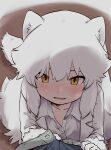  1girl animal_ears arctic_fox_(kemono_friends) assisted_exposure blush bulge buttons collarbone collared_shirt fox_ears fox_girl fox_tail from_above fur-trimmed_sleeves fur_trim gray_gray hands_up highres kemono_friends kemono_friends_3 light_smile long_hair long_sleeves looking_at_viewer looking_up parted_lips partially_unbuttoned partially_unzipped pov pov_crotch shirt solo_focus sweat tail unzipping very_long_hair white_hair white_shirt wing_collar yellow_eyes 