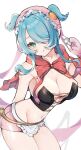  1girl aqua_eyes blue_hair blue_wings blush breasts capelet cleavage commentary commission elira_pendora english_commentary frills hair_over_one_eye head_wings highres long_hair multicolored_hair nijisanji nijisanji_en oimo_0imo one_eye_covered pink_shorts pointy_ears red_capelet shorts smile solo virtual_youtuber white_hair wings 