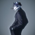  1:1 animal_humanoid anthro blue_body blue_hair canid canid_humanoid canine canine_humanoid canis clothing cool_colors coolblue dog_tags domestic_dog grey_body hair hair_over_eye hi_res humanoid hybrid male mammal mammal_humanoid one_eye_obstructed pose posed smile solo stophon suit tuxedoo tuxedowolfo wolf wolf_humanoid wolfdog yellow_eyes 
