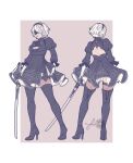  1girl 2b_(nier:automata) artist_name black_blindfold black_dress black_gloves blindfold breasts cleavage commentary dress frilled_sleeves frills front-to-back fruitisa gloves hairband high_heels highres katana nier:automata nier_(series) short_hair solo sword weapon white_background white_hair 