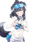  1girl animal_ears bangle bare_shoulders black_hair blue_archive blue_eyes blush bracelet breasts brilliantko cheerleader crop_top dog_ears dog_girl dog_tail embarrassed eyewear_on_head goggles goggles_on_head heart heart_hands hibiki_(blue_archive) hibiki_(cheerleader)_(blue_archive) highres jewelry long_hair looking_at_viewer navel official_alternate_costume open_mouth simple_background skirt solo star_(symbol) star_sticker sticker_on_arm sticker_on_face swimsuit tail text_print wavy_mouth white_background 