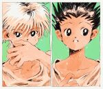  2boys black_eyes black_hair blue_background gon_freecss highres hunter_x_hunter killua_zoldyck looking_at_viewer looking_to_the_side male_child male_focus multiple_boys shirt short_hair simple_background spiked_hair split_screen toma25252 upper_body wet_face white_hair white_shirt 