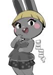  2023 4_fingers absurd_res animal_crossing anthro blonde_hair blush blush_stickers bonbon_(animal_crossing) bottomwear breasts buckteeth clothing eyelashes female fingers fur grey_body grey_clothing grey_fur grey_shirt grey_topwear hair hi_res lagomorph leporid looking_at_viewer mammal nintendo open_mouth open_smile oposa pattern_bottomwear pattern_clothing pattern_skirt rabbit scut_tail shirt short_hair short_tail simple_background skirt sleeveless_shirt small_breasts smile standing tail teeth topwear white_background 
