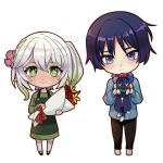  1boy 1girl alternate_costume angryoats apron black_pants blue_hoodie cat chibi closed_mouth flower genshin_impact green_apron green_eyes green_hair green_shirt grey_hair hair_ornament highres hood hoodie long_hair long_sleeves multicolored_hair nahida_(genshin_impact) pants pointy_ears purple_eyes purple_fur scaramouche_(cat)_(genshin_impact) scaramouche_(genshin_impact) shirt short_hair side_ponytail wanderer_(genshin_impact) white_background 