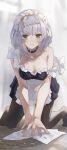  1girl absurdres alternate_costume apron bare_shoulders black_choker black_dress black_pantyhose braid breasts choker cleavage commentary_request dress frilled_apron frilled_dress frills genshin_impact grey_eyes grey_hair highres kneeling looking_at_viewer maid maid_headdress no_shoes noelle_(genshin_impact) pantyhose short_dress short_hair smile solo strap_slip swkl:d waist_apron white_apron 