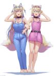  2girls absurdres animal_ear_fluff animal_ears barefoot belt belt_collar black_belt black_collar blonde_hair blue_hair blue_overalls breasts cleavage collar dog_ears dog_girl dog_tail erasorpepero flat_chest fuwawa_abyssgard highres hololive hololive_english large_breasts long_hair looking_at_viewer medium_hair mococo_abyssgard multicolored_hair multiple_girls open_mouth overall_skirt overalls pink_hair pink_overalls siblings smile spiked_collar spikes streaked_hair tail twins v v_over_eye virtual_youtuber white_background 