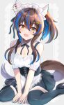  1girl alternate_costume animal_ears bare_shoulders black_footwear black_thighhighs blue_hair breasts brown_hair cleavage colored_inner_hair daitaku_helios_(umamusume) detached_collar ear_covers ear_piercing enmaided highres horse_ears horse_girl horse_tail looking_at_viewer maid maid_headdress medium_breasts multicolored_hair multicolored_nails on_ground piercing short_hair side_ponytail sitting solo tail thighhighs ugura_(ugurax) umamusume wariza yellow_eyes 