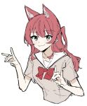  1girl animal_ears bocchi_the_rock! bow bowtie closed_mouth danji_(danji_bang) double_fox_shadow_puppet fox_ears fox_shadow_puppet green_eyes kita_ikuyo long_hair looking_at_viewer one_side_up red_bow red_bowtie red_hair sailor_collar school_uniform short_sleeves shuka_high_school_uniform smile solo upper_body white_background white_sailor_collar 