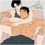  2boys abs artist_name bara bed black_hair black_pants black_tank_top closed_mouth couple jewelry kashikahaya large_pectorals looking_at_another lying male_focus multiple_boys muscular muscular_male navel nipples on_back on_bed original pants pectorals ring scar scar_on_cheek scar_on_face short_hair tank_top topless_male yaoi 