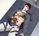  1boy abs alchemy_stars asymmetrical_gloves bara bare_pectorals black_gloves black_hair blush bulge chest_harness collared_shirt erection erection_under_clothes feet_out_of_frame from_above gloves grey_male_underwear harness igote itto_(mentaiko) long_sideburns long_sleeves looking_to_the_side lying male_focus male_underwear mismatched_gloves muscular muscular_male on_back on_bed open_clothes open_fly open_shirt paid_reward_available pants pectorals pittman_(alchemy_stars) scar scar_on_cheek scar_on_face shirt short_hair sideburns solo stomach thick_eyebrows thick_thighs thighs torogao underwear white_pants 