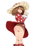  1girl :&gt; ass blush boku_no_hero_academia breasts brown_eyes brown_hair closed_mouth clothes_lift dress felipe_godoy hat huge_ass komori_kinoko looking_at_viewer looking_back mushroom_hat polka_dot polka_dot_dress red_dress short_hair simple_background skirt skirt_lift smile solo standing symbol-shaped_pupils thighs tongue tongue_out white_background x-shaped_pupils 