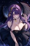  1girl bare_shoulders black_dress black_nails black_wings breasts cleavage commentary dress genshin_impact hand_up helloimtea highres large_breasts long_hair nail_polish off-shoulder_dress off_shoulder purple_eyes purple_hair raiden_shogun short_sleeves solo very_long_hair wings 