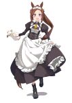  1girl :d alternate_costume animal_ears apron blush boots brown_hair enmaided full_body highres horse_ears horse_girl long_hair long_sleeves looking_at_viewer maid maid_headdress pitcher_(container) ponytail purple_eyes sakura_bakushin_o_(umamusume) simple_background skirt_hold smile solo standing standing_on_one_leg totomono umamusume waist_apron white_background 