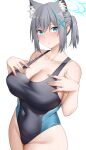  1girl absurdres animal_ear_fluff animal_ears arind_yudha bare_shoulders blue_archive blue_eyes blue_one-piece_swimsuit blush breasts cleavage collarbone covered_navel cross_hair_ornament extra_ears grey_hair hair_ornament halo highleg highleg_swimsuit highres large_breasts looking_at_viewer medium_hair multicolored_clothes multicolored_swimsuit one-piece_swimsuit shiroko_(blue_archive) shiroko_(swimsuit)_(blue_archive) short_ponytail sidelocks solo swimsuit thighs wolf_ears 