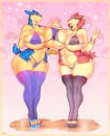  anthro big_breasts bikini breast_squish breasts breasts_frottage camel_toe clothing colored_fingernails colored_nails female female/female fingernails footwear generation_2_pokemon genital_outline hi_res high_heels huge_breasts ipan legwear nails nintendo painted_claws panties platform_footwear platform_heels pokemon pokemon_(species) pussy_outline shiny_pokemon squish swimwear thick_thighs thigh_highs tongue tongue_out typhlosion underwear 