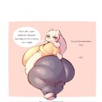  anthro big_breasts big_butt bottomwear breasts butt clothing english_text female huge_breasts huge_butt lagomorph leporid lightmizano mammal pants rabbit red_eyes scut_tail shirt short_tail slightly_chubby solo tail text thick_thighs topwear white_body 