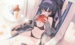  1girl bags_under_eyes bikini black_bikini black_hair blue_archive book breasts commentary drink drinking_straw grey_jacket h2o_(dfo) hair_between_eyes hairband highres holding holding_book jacket long_hair long_sleeves looking_at_viewer medium_breasts navel open_mouth purple_eyes purple_hairband sitting solo swimsuit ui_(blue_archive) ui_(swimsuit)_(blue_archive) very_long_hair 