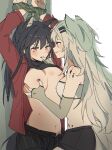  2girls animal_ear_fluff animal_ears arknights bandeau bare_shoulders bite_mark black_hair black_shorts blush bound bound_wrists breasts commentary dress_shirt elbow_gloves eye_contact finger_in_another&#039;s_mouth finger_on_nipple fingerless_gloves gloves grey_eyes groping hair_between_eyes hair_ornament hairclip lappland_(arknights) large_breasts long_hair long_sleeves looking_at_another multiple_girls navel official_alternate_costume open_clothes open_shirt orange_eyes oripathy_lesion_(arknights) parted_lips red_shirt scar scar_across_eye seri_(vyrlw) shirt shorts strapless striped striped_shorts sweatdrop symbol-only_commentary texas_(arknights) texas_(willpower)_(arknights) tube_top white_hair wolf_ears wolf_girl yuri 