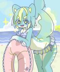  anthro beach bikini blonde_hair blue_body blue_fur blue_hair breasts cleavage clothed clothing cross_pupils domestic_cat felid feline felis female fin fish fur hair hi_res highlights_(coloring) hybrid kemono leaning leaning_forward looking_at_viewer mammal marine mikeyama open_mouth open_smile raised_tail seaside shark shark_tail sharp_teeth smile solo sparkles stripes swim_ring swimwear tail tail_fin teeth 