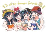  atsumi_yoshioka baseball_cap beanie black_hair blonde_hair blue_eyes blush_stickers braid bucket_hat dual_persona elio_(pokemon) english_text floral_print hat head_only lillie_(pokemon) orange_tank_top pokemon pokemon_(game) pokemon_sm pokemon_usum ponytail red_headwear selene_(pokemon) shirt straw_hat striped striped_shirt t-shirt tank_top twin_braids upper_body 