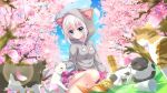  1girl animal_hood biting biting_clothes blanket blue_eyes blue_sky cat cat_hood cherry_blossoms chips_(food) cloud cup day dot_nose drinking_glass dutch_angle eating film_grain food from_below game_cg grey_hoodie hanami hood hoodie izumi_tsubasu lens_flare multiple_cats nishidate_haku non-web_source official_art on_ground outdoors petals petting picnic pink_skirt potato_chips re:stage! short_hair skirt skirt_grab sky smile snack solo sparkle thermos tree white_cat white_hair 