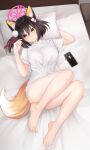  1girl absurdres animal_ears barefoot bed bedroom blue_archive blush bottomless brown_hair cellphone closed_mouth commentary_request fox_ears fox_girl fox_tail full_body hair_ornament highres indoors izuna_(blue_archive) karurega no_panties on_bed phone pom_pom_(clothes) pom_pom_hair_ornament shirt short_hair short_sleeves smartphone solo t-shirt tail white_shirt yellow_eyes 