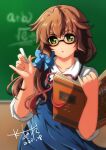 1girl akane_kazami blurry blurry_background book brown_hair chalk chalkboard dated double-parted_bangs glass green_eyes hair_between_eyes highres holding holding_book holding_chalk kokonoe_towa long_hair looking_at_viewer open_mouth ponytail signature solo teacher tokyo_xanadu wavy_hair 