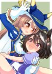  2girls @_@ adjusting_clothes adjusting_headwear ahoge animal_ears black_hair blue_dress blue_headwear blush breasts brown_hair carrying commentary_request dress ear_covers ear_ornament gloves hair_between_eyes highres horse_ears horse_girl kitasan_black_(umamusume) large_breasts long_hair long_sleeves multicolored_hair multiple_girls official_alternate_costume open_mouth princess_carry puffy_short_sleeves puffy_sleeves purple_shirt satono_diamond_(chevalier_bleu)_(umamusume) satono_diamond_(umamusume) school_uniform shirt short_sleeves streaked_hair summer_uniform tracen_school_uniform umamusume upper_body white_gloves white_hair whitelily_bread 