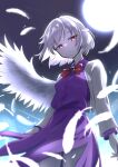  absurdres bow bowtie braid cowboy_shot dress feathered_wings feathers full_moon grey_hair highres jacket kishin_sagume long_sleeves looking_at_viewer moon purple_dress red_bow red_bowtie red_eyes rinkaito1231 short_hair single_wing standing touhou white_jacket wings 